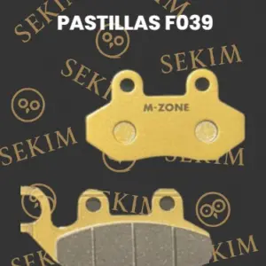 Pastillas de freno delanteras semi metálicas para moto F039, acabado dorado brillante con material de fricción gris estriado y dos piezas visibles.