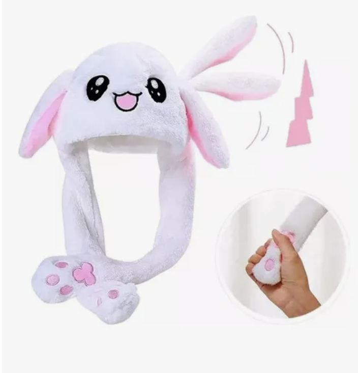 Gorro de invierno blanco de peluche suave con orejas móviles largas accionadas mediante bombas en las patas colgantes y grandes ojos bordados negros