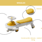 Carro Wiggle blanco y amarillo con asiento ergonómico, volante giratorio, ruedas y bordes redondeados, soporta hasta 50 kg.