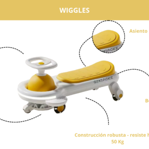 Carro Wiggle blanco y amarillo con asiento ergonómico, volante giratorio, ruedas y bordes redondeados, soporta hasta 50 kg.
