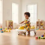 Carro wiggle amarillo y blanco de plástico para niños, conducido por un niño alegre en una sala de juegos con juguetes dispersos.