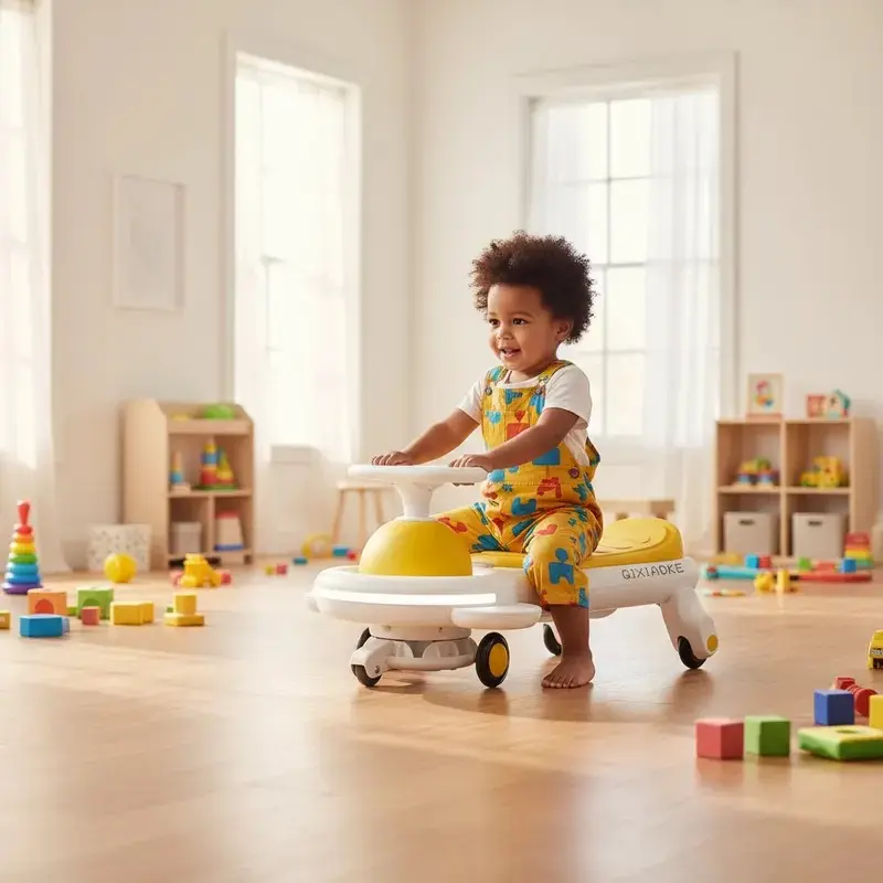 Carro wiggle amarillo y blanco de plástico para niños, conducido por un niño alegre en una sala de juegos con juguetes dispersos.