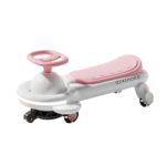 Carro Wiggle infantil color rosado y blanco con volante de dirección, asiento texturizado y ruedas giratorias múltiples sobre fondo blanco.