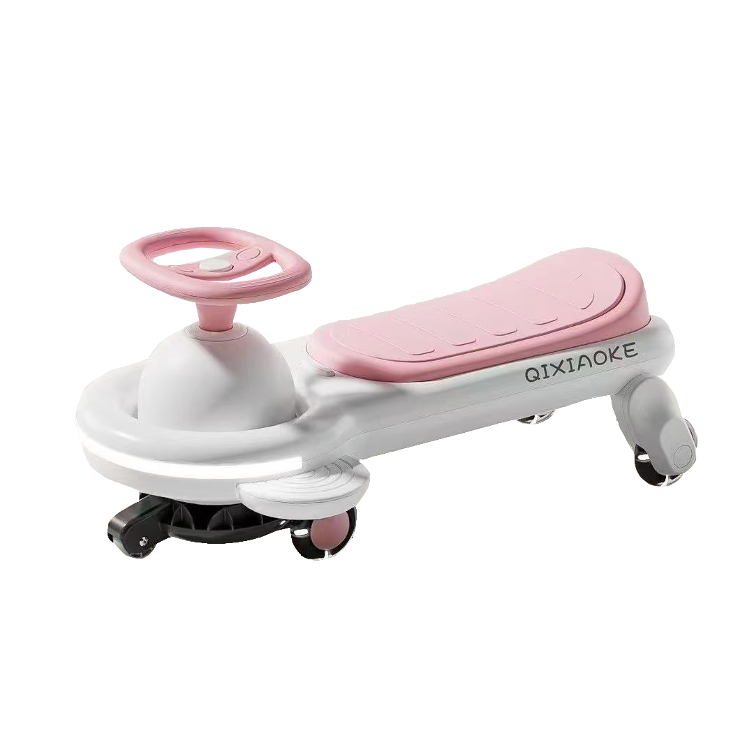 Carro Wiggle infantil color rosado y blanco con volante de dirección, asiento texturizado y ruedas giratorias múltiples sobre fondo blanco.