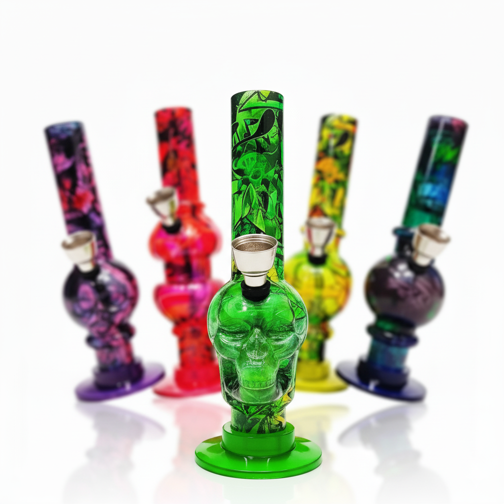 Pipa bong acrílica de 16 cm con diseño de calavera en relieve y estampados coloridos, incluye cazoleta metálica y base estable para filtrado de humo.
