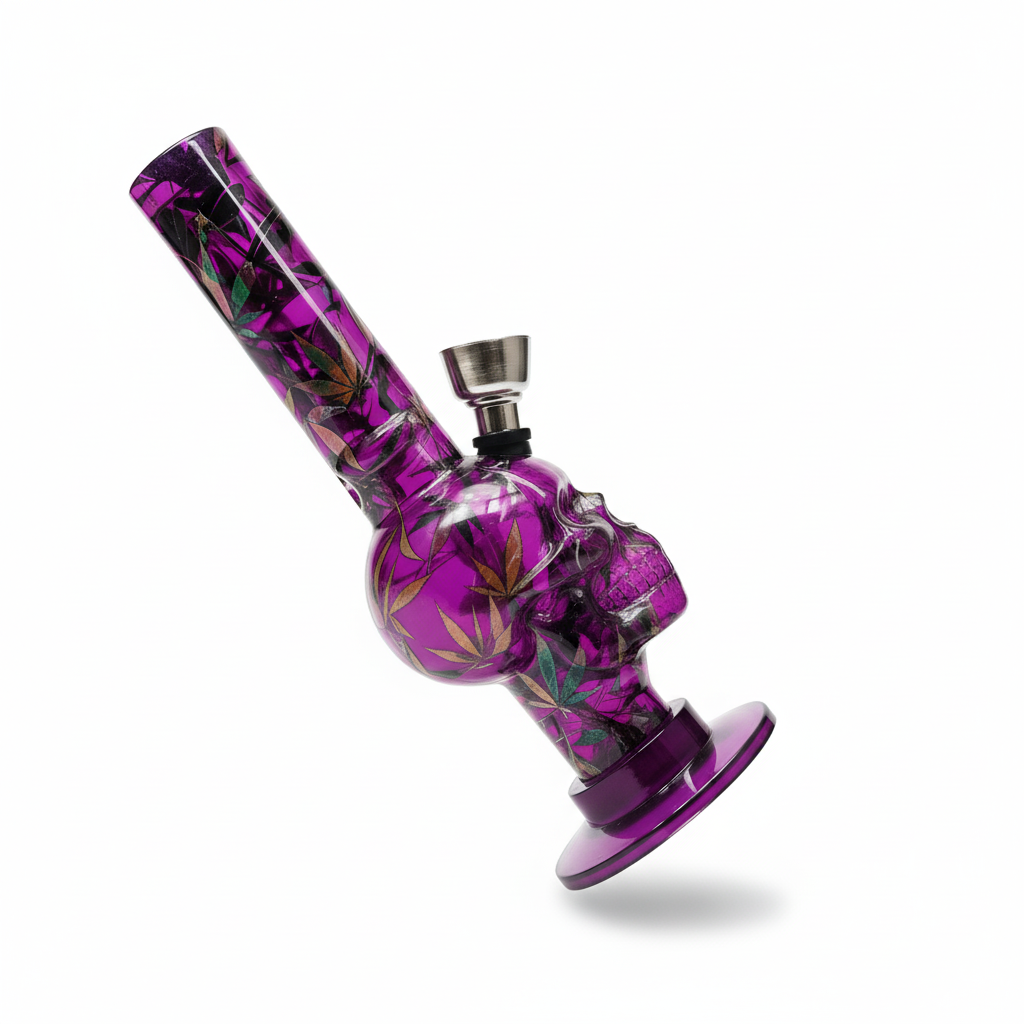Pipa bong acrílica de 16 cm con diseño de calavera y estampado de hojas en color morado, incluye cazoleta metálica para filtrado de humo.