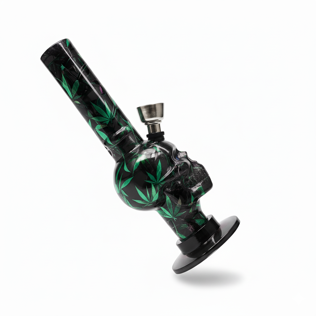 Pipa bong acrílica de 16 cm con diseño de calavera negra y estampado de hojas verdes, incluye cazoleta metálica y base circular estable.