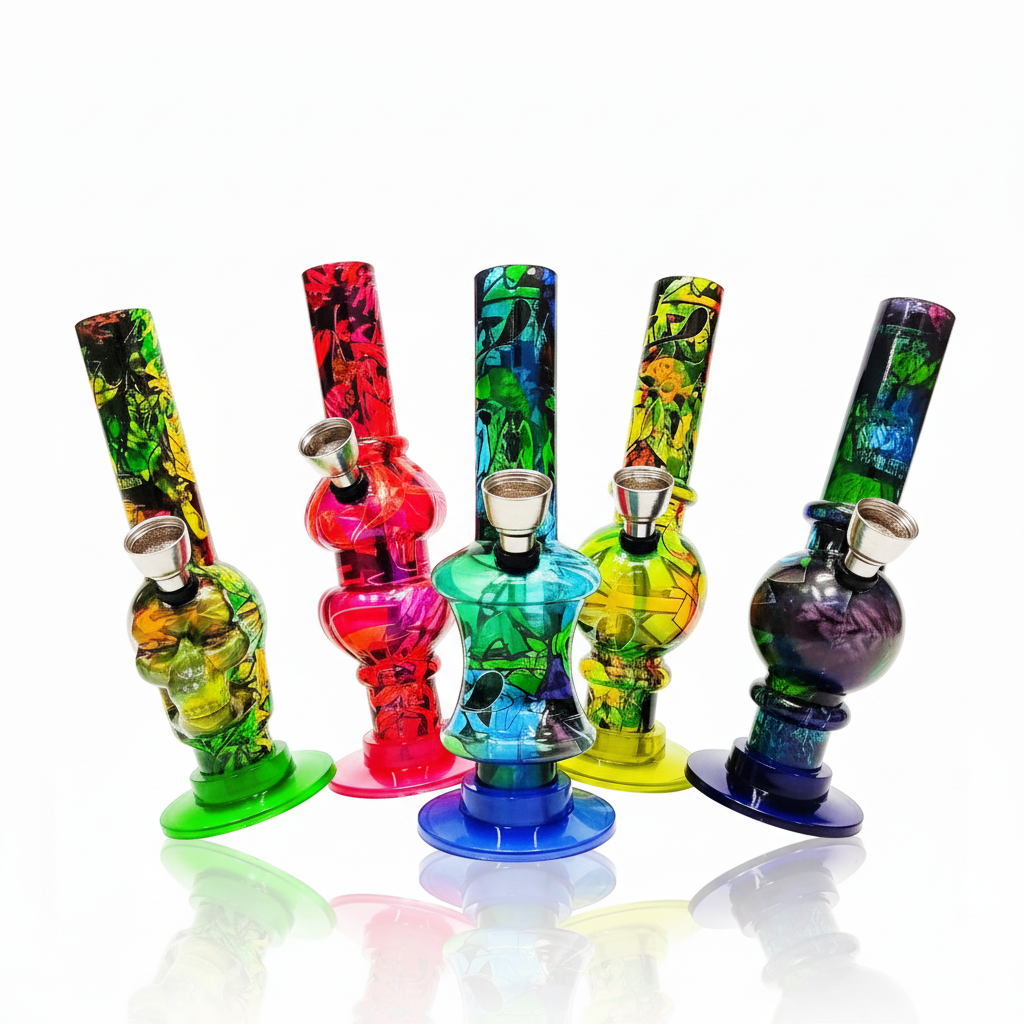 Cinco pipas bong acrílicas con estampados coloridos en tonos verde, rojo, azul y amarillo, dispuestas en abanico sobre fondo blanco.