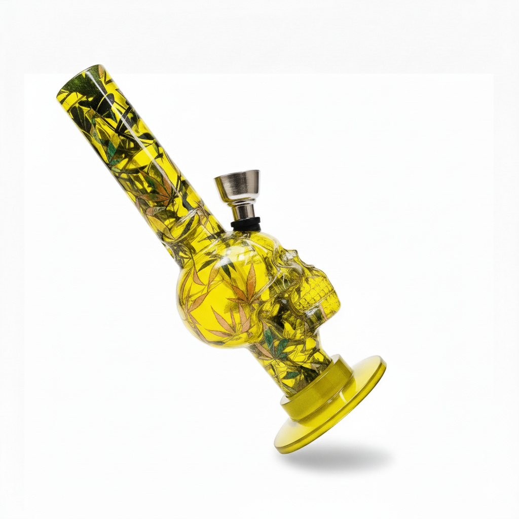 Pipa bong acrílica de 16 cm con diseño de calavera transparente en color amarillo y estampado de hojas, incluye cazoleta metálica para filtrado de humo.