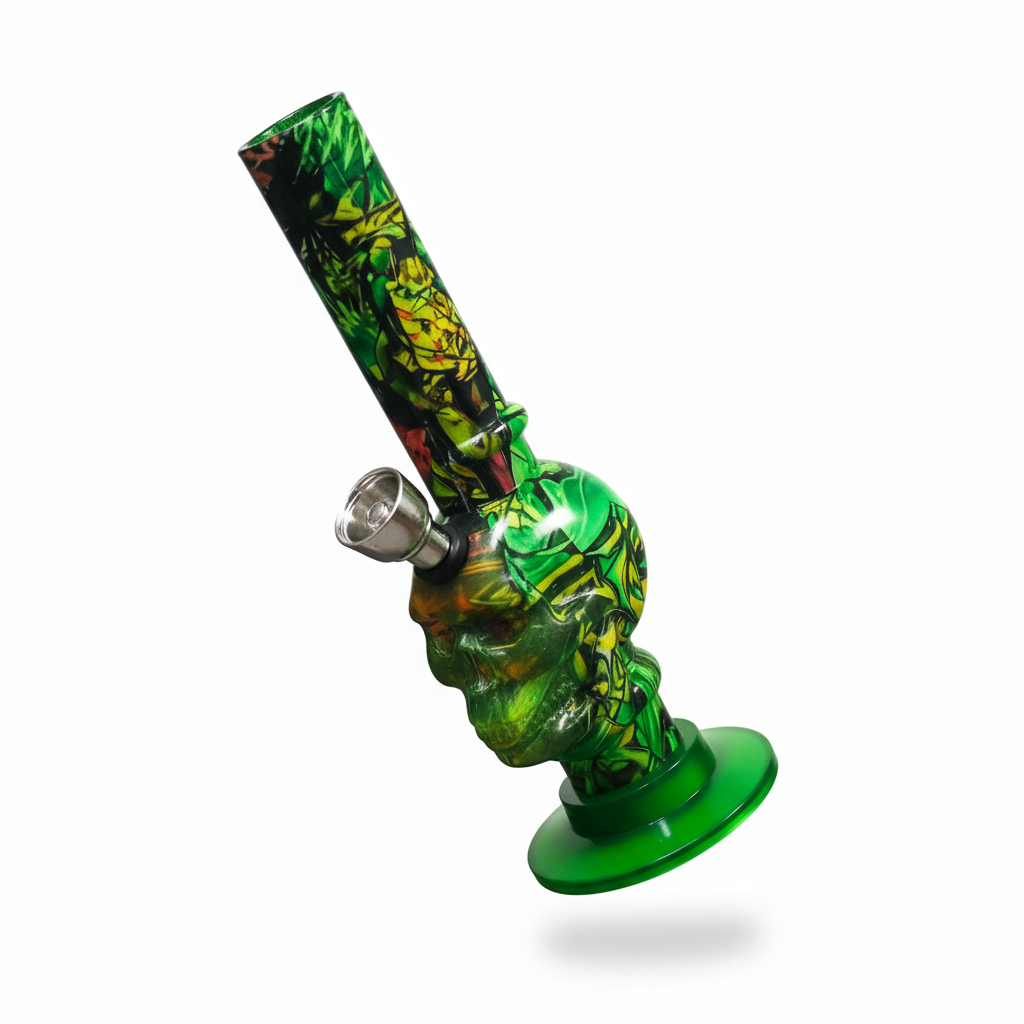 Pipa bong acrílica de 16 cm con diseño estampado de calavera en tonos verdes, incluye cazoleta metálica y base circular estable para filtrado de humo.