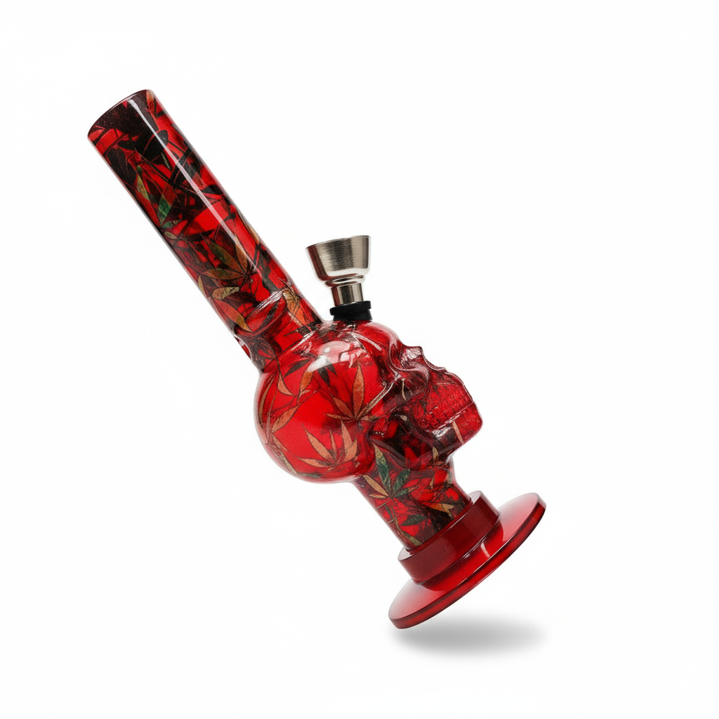 Pipa bong de acrílico rojo transparente con estampado de hojas y cuerpo con forma de calavera, vista en ángulo diagonal.