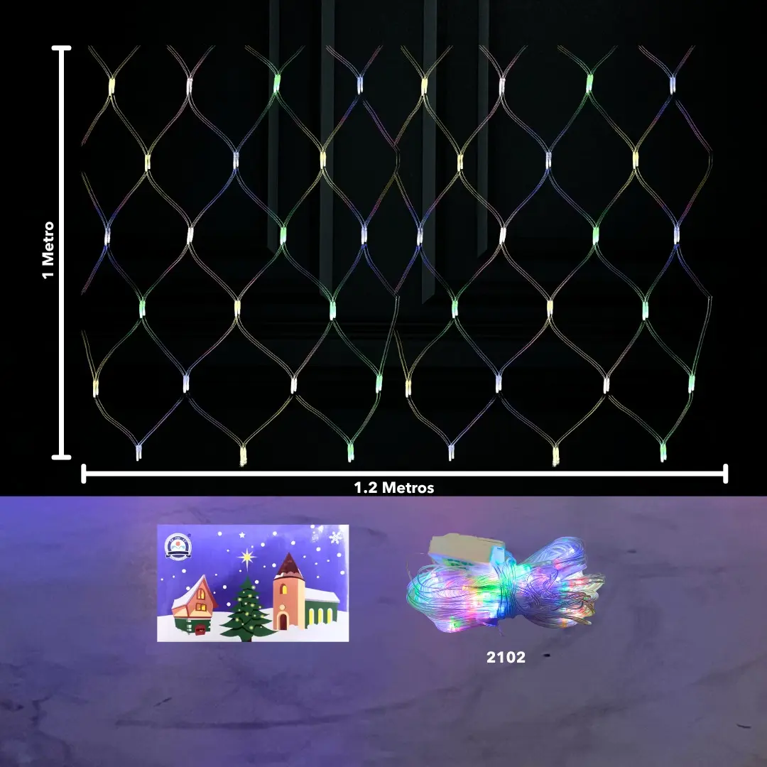 Set de dos mallas de luces LED multicolor de 1.2 x 1 metro, desplegadas con patrón de rombos sobre fondo oscuro y empaque incluido con la referencia 2102.