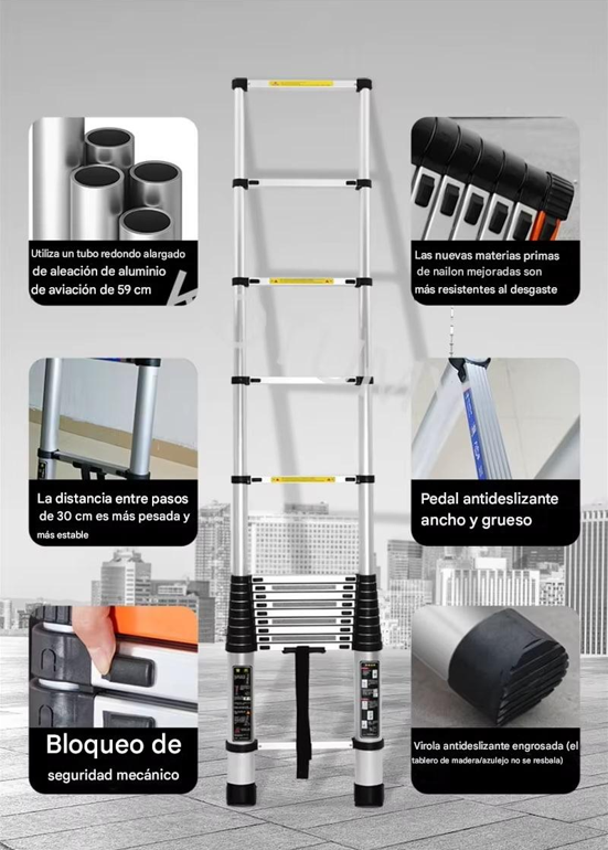 Escalera Telescópica de Aluminio 2.9 Metros Plegable y Portátil - Alcanza techos altos con total seguridad y estabilidad