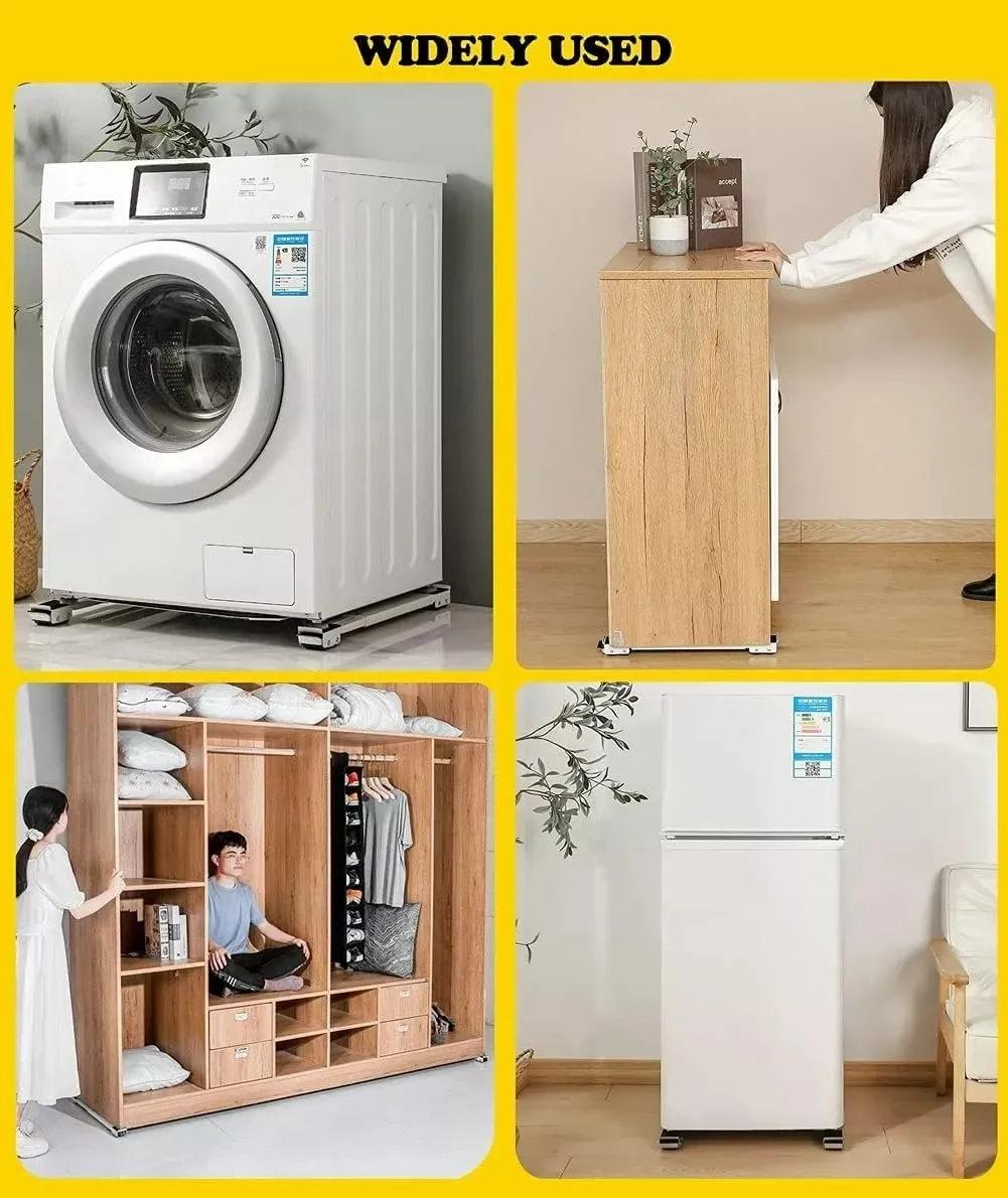 Base soporte ajustable con ruedas para electrodomésticos, mostrando su uso versátil bajo lavadoras, muebles de madera, armarios y refrigeradores.