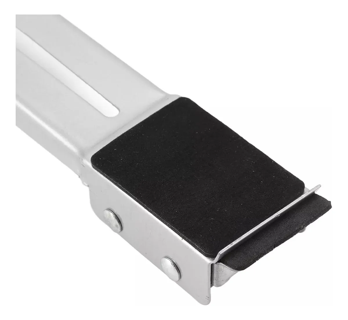Extremo de soporte metálico ajustable con base antideslizante negra, remaches de fijación laterales y riel ranurado para electrodomésticos.