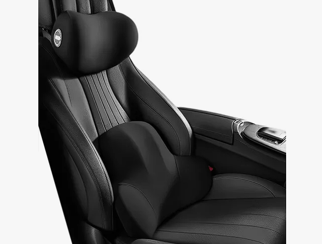 Set de cojines ergonómicos negros de memory foam para asiento de auto, incluye soporte lumbar y almohada cervical para aliviar el dolor.