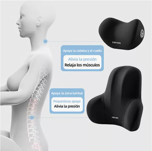 Set de cojines ergonómicos negros de memory foam para soporte cervical y lumbar, diseñados para aliviar la presión en la columna.