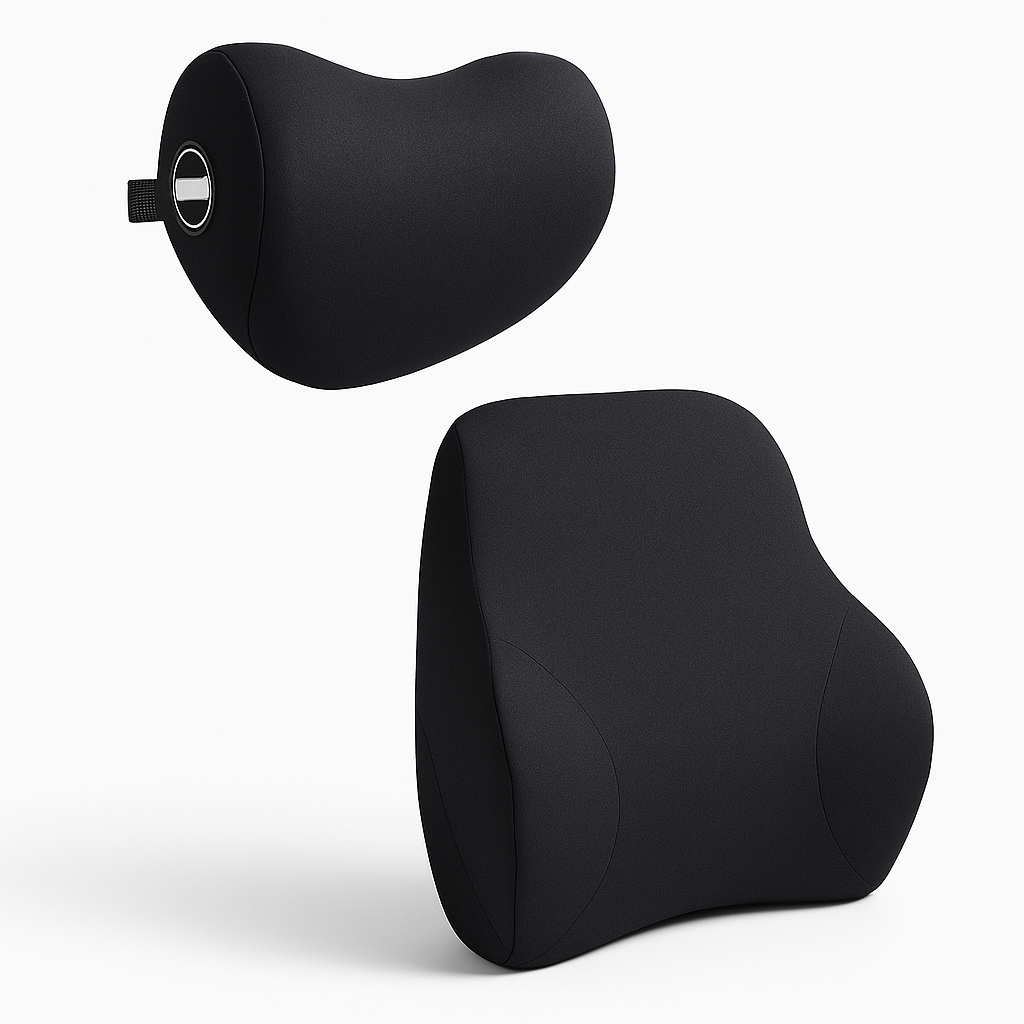 Set de cojines ergonómicos de memory foam negros: un soporte cervical curvo y un cojín lumbar para alivio de cuello y espalda.