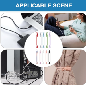 Set de sujetadores multipropósito de silicona flexible en varios colores para organizar cables y cortinas.