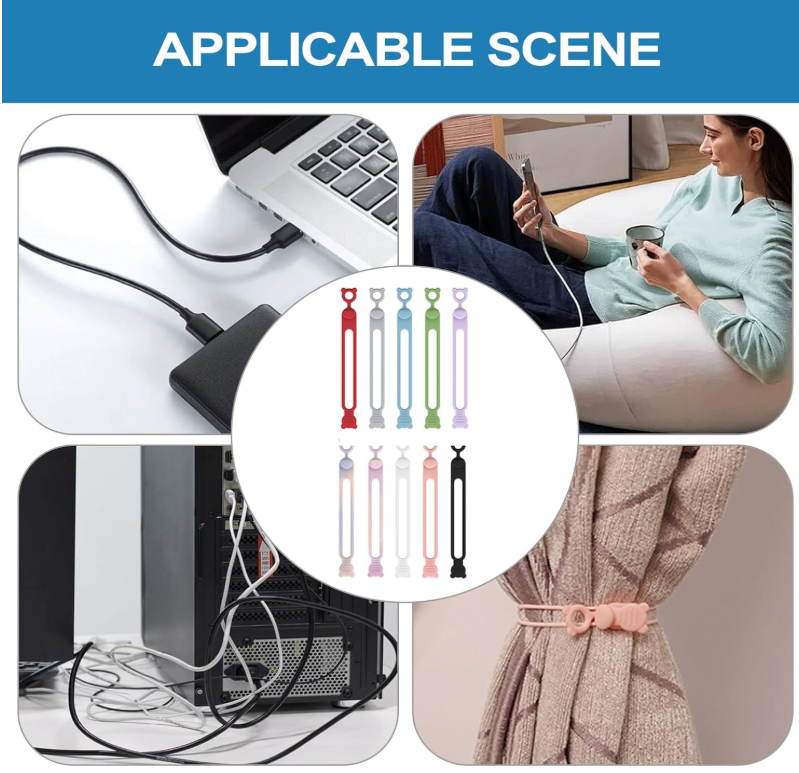 Set de sujetadores multipropósito de silicona flexible en varios colores para organizar cables y cortinas.
