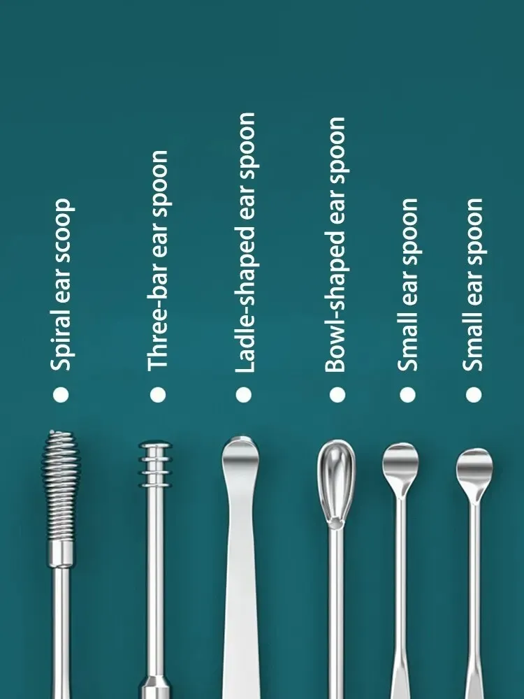 Kit de acero inoxidable con seis herramientas diferentes para limpieza de oídos, incluyendo espiral, barras y cucharas de varios tamaños.