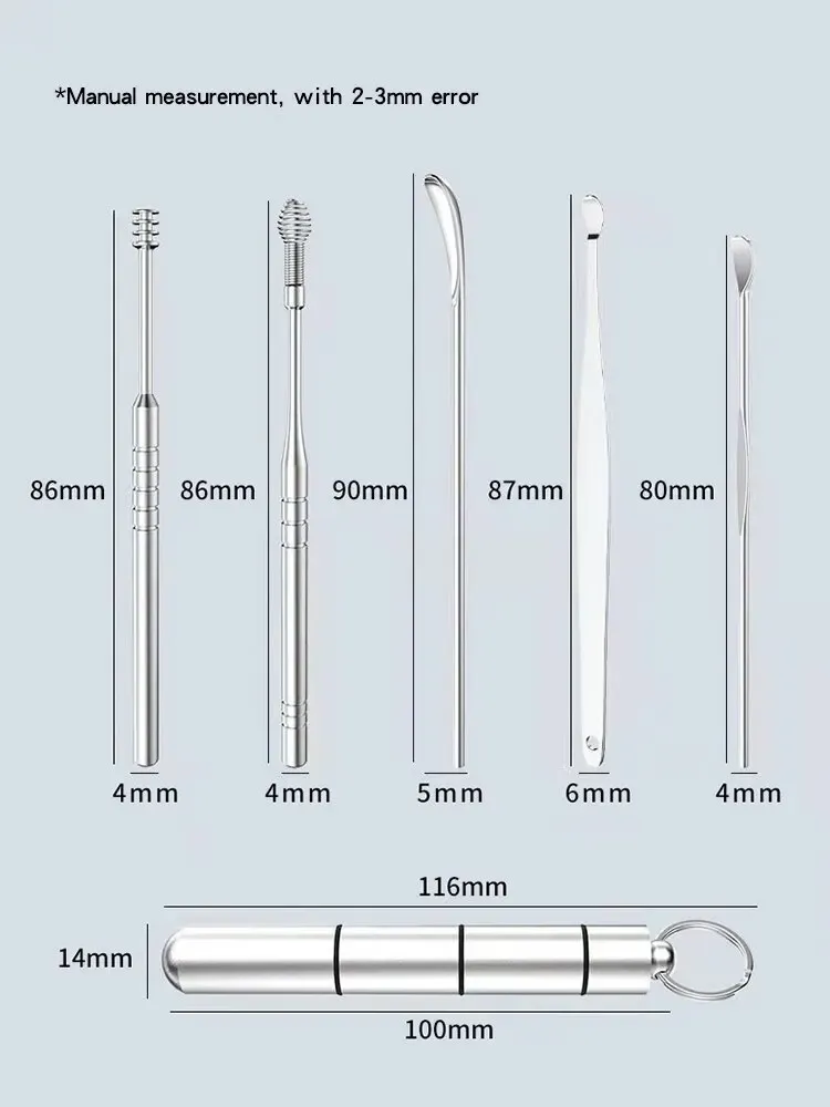 Kit de 5 limpiadores de oídos de acero inoxidable plateado con estuche cilíndrico de 116mm y herramientas de 80 a 90mm de longitud.