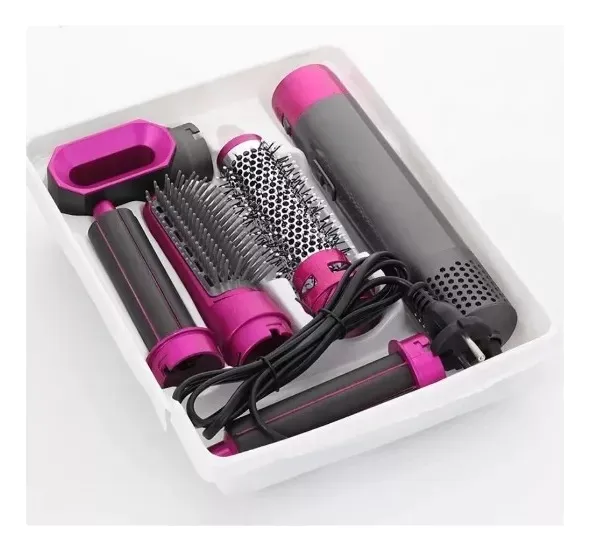 Cepillo alisador eléctrico 5 en 1 gris y fucsia en estuche con cuerpo principal, secador, moldeadores y cepillos intercambiables.