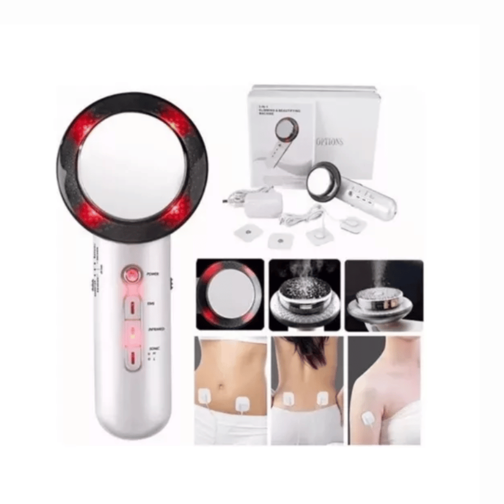 Dispositivo EMS blanco con luz roja infrarroja y ultrasonido. Incluye caja, cargador y parches adhesivos para uso en abdomen, espalda y brazos.