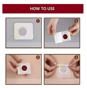 Guía de uso de parches magnéticos Slim: cuatro pasos para retirar el protector y aplicar el parche con imán sobre la piel del abdomen.