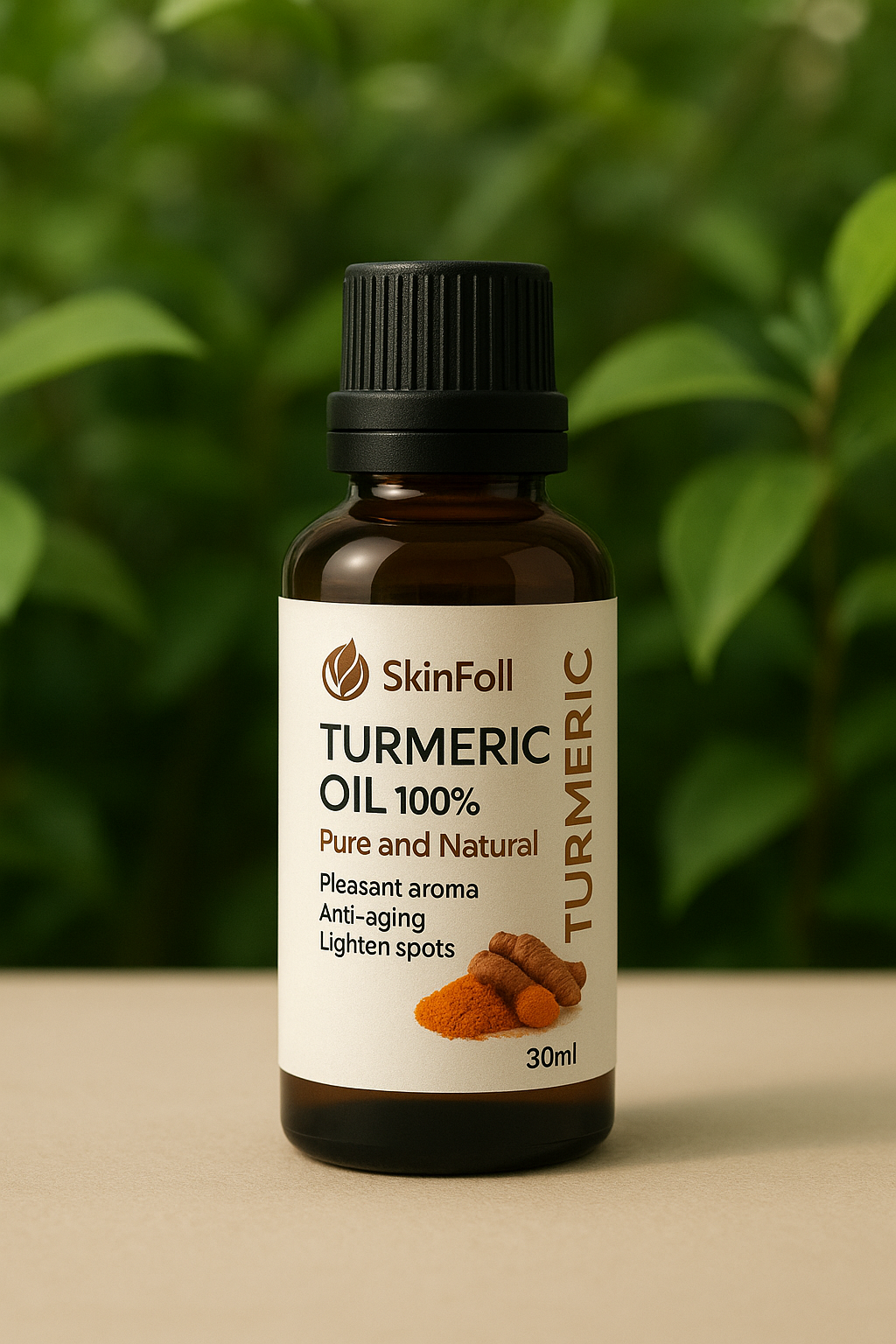 Frasco ámbar de 30 ml de aceite esencial de cúrcuma sobre superficie beige, con etiqueta blanca y hojas verdes desenfocadas de fondo.