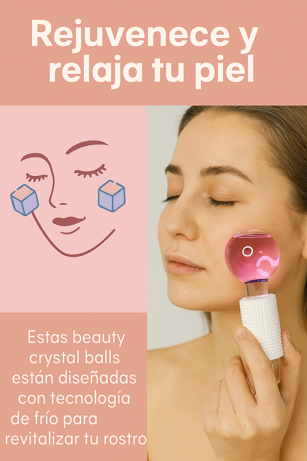 Mujer aplicándose masajeador facial con esfera rosada y mango blanco texturizado para reducir hinchazón.