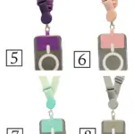 Colgante para móvil largo ajustable con parche anti tirones X2, variantes en tonos morado, rosa, verde menta y gris con tarjetero transparente.