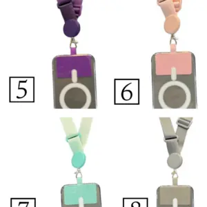 Colgante para móvil largo ajustable con parche anti tirones X2, variantes en tonos morado, rosa, verde menta y gris con tarjetero transparente.