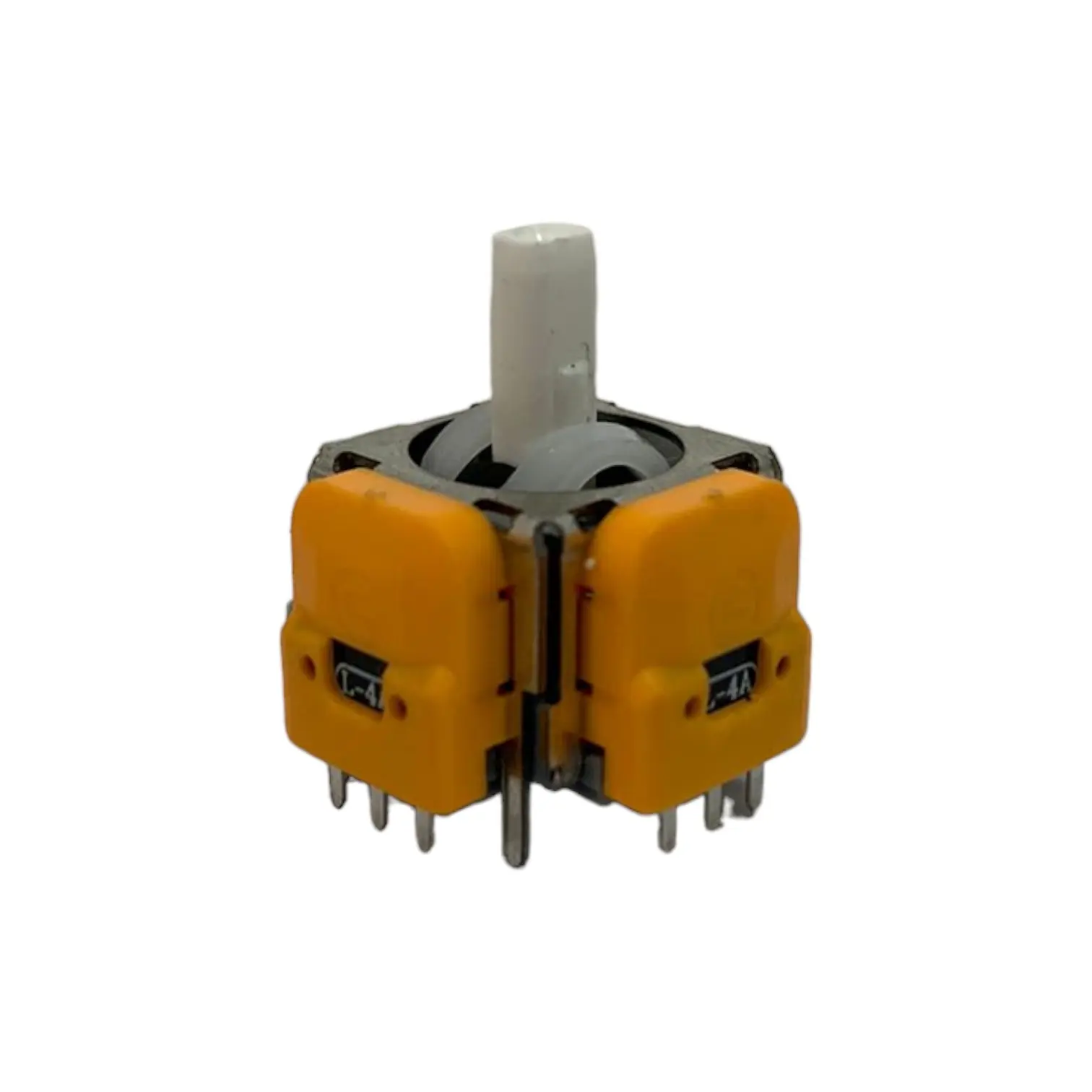 Joystick analógico magnético anti-drift para Nintendo Switch Pro con vástago blanco y sensores amarillos, vista frontal en primer plano.