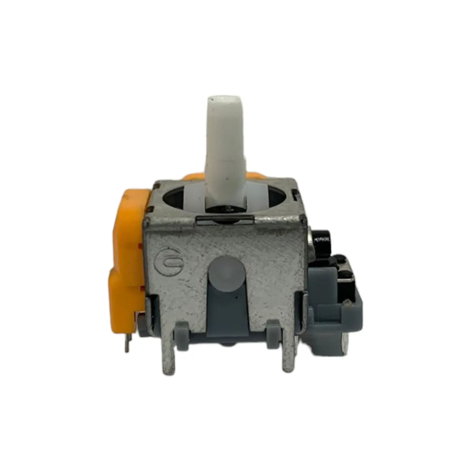 Joystick analógico magnético de repuesto para Nintendo Switch Pro, con carcasa metálica plateada, eje central blanco y potenciómetro naranja lateral.