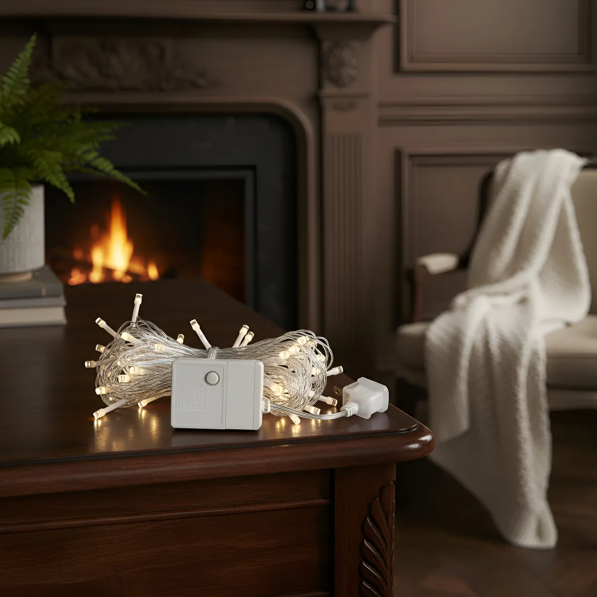 Luces lineales de navidad de 7 metros con cable transparente y control de secuencia, dispuestas sobre una mesa de madera frente a una chimenea encendida.