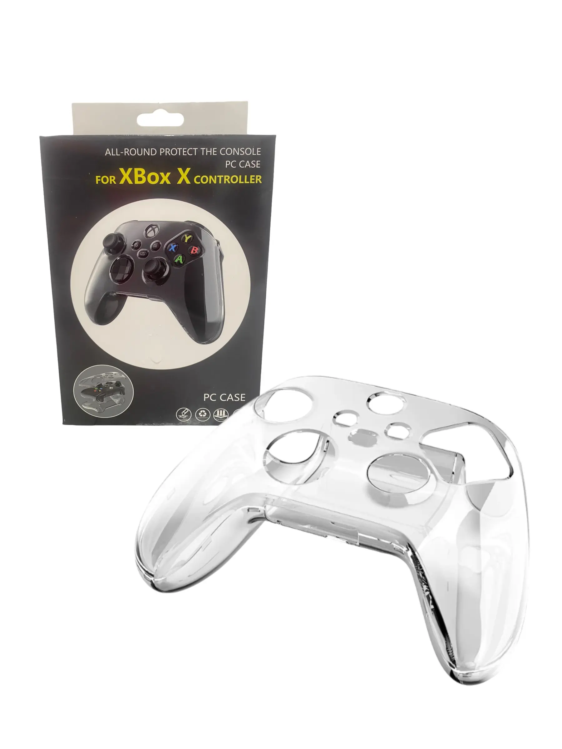 Funda protectora transparente de acrílico para control de Xbox Series X y S, con su empaque negro de presentación al fondo.