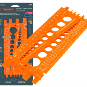 Regla medidora naranja Truper de plástico para tornillos, tuercas y brocas, mostrada junto a su empaque de cartón con marcas métricas y estándar visibles