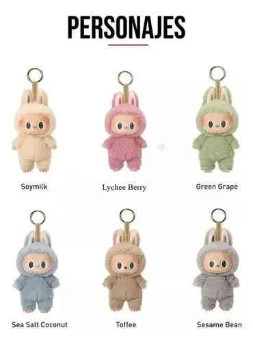 Seis variantes de llaveros de peluche Labubu con textura suave en colores crema, rosa, verde, azul, café y gris para decorar accesorios.
