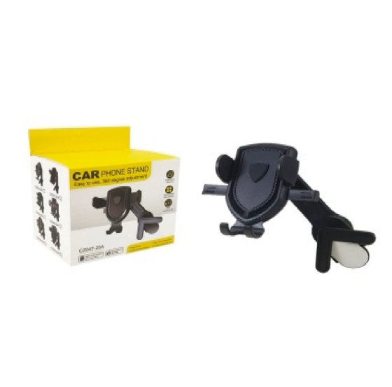Soporte negro para celular de carro con brazo ajustable y estuche amarillo impreso al lado.