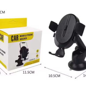 Soporte negro para celular de carro con brazo ajustable y ventosa, junto a su caja de empaque con dimensiones de 19x14x10.5 cm.