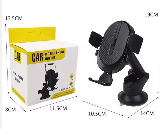 Soporte negro para celular de carro con brazo ajustable y ventosa, junto a su caja de empaque con dimensiones de 19x14x10.5 cm.