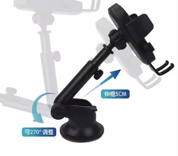 Soporte negro para celular con ventosa, brazo extensible 5 cm y ajuste de 270 grados para tablero o parabrisas de carro.