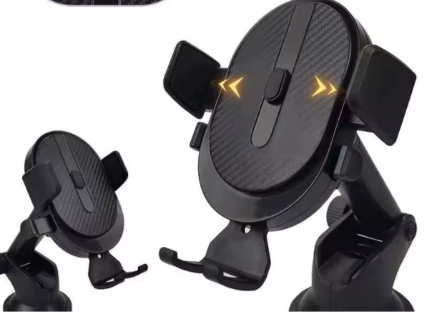 Set de dos soportes para celular de carro negros con textura de fibra de carbono, brazo ajustable y ventosa.