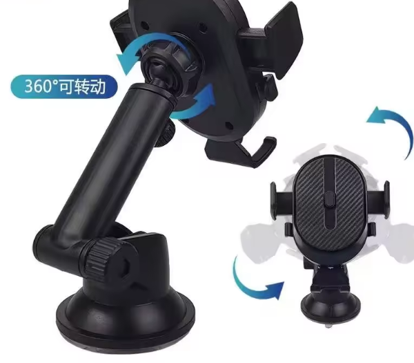 Soporte para celular de carro negro con base de ventosa, brazo articulado y rotación de 360 grados para ajuste de ángulo.
