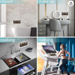 Soporte impermeable para celular antivaho montado en pared en cuatro escenarios de uso: ducha, tocador, cocina y máquina de correr.