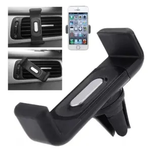 Soporte negro para celular en ABS, con pinza de ventilación y botón plateado, instalado en la rejilla de aire de un vehículo.
