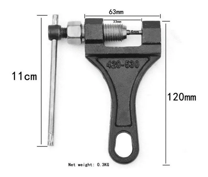 Despinador de cadena para motos 420-530 en metal negro con llave Allen. Mide 120 mm de alto y 63 mm de ancho. Peso neto 0.3 kg.