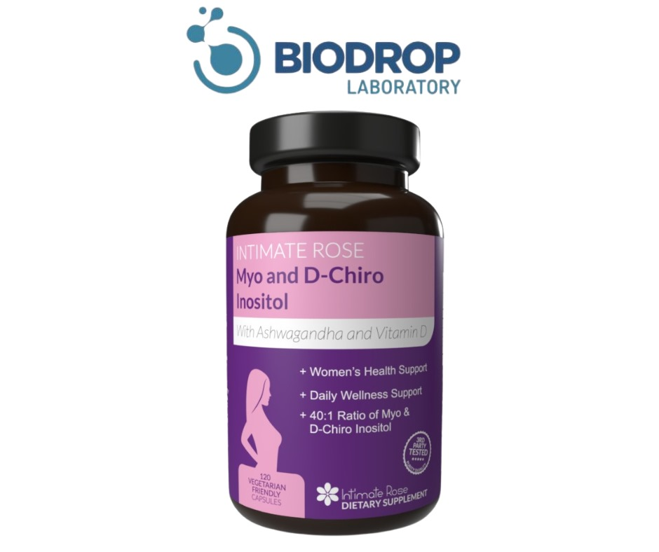 Frasco de suplemento Intimate Rose con 120 cápsulas vegetarianas, contiene inositol en proporción 40:1, ashwagandha y vitamina D para salud femenina.
