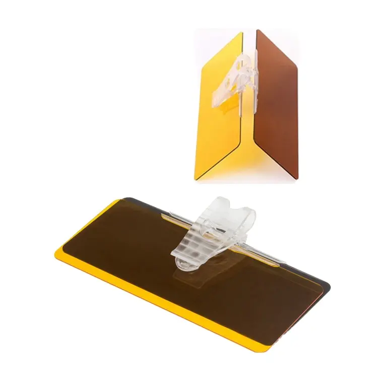 Visor HD para carro con doble panel ámbar y tintado oscuro, clip transparente, mostrado en posición vertical y vista plana.